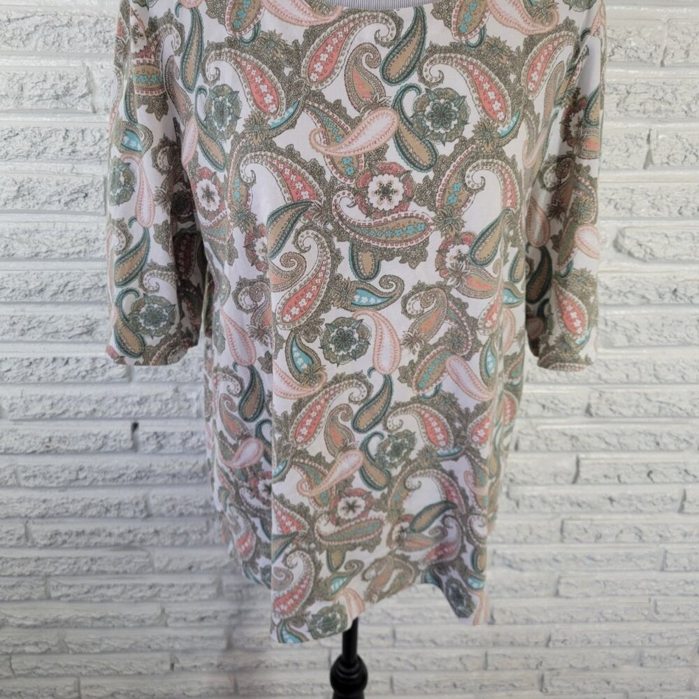 Coral Bay XL Green Pink Paisley T-Shirt Cotton Blend Jersey Stretch PAI43E - Picture 4 of 8